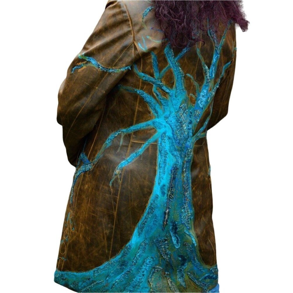 Vintage distressed brown leather jacket, hand painted, Blue Tree, turquoise sz S